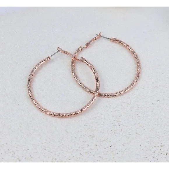 1 LEFT! Rose Gold Engraved Hoop Earrings - Picture 2 of 3